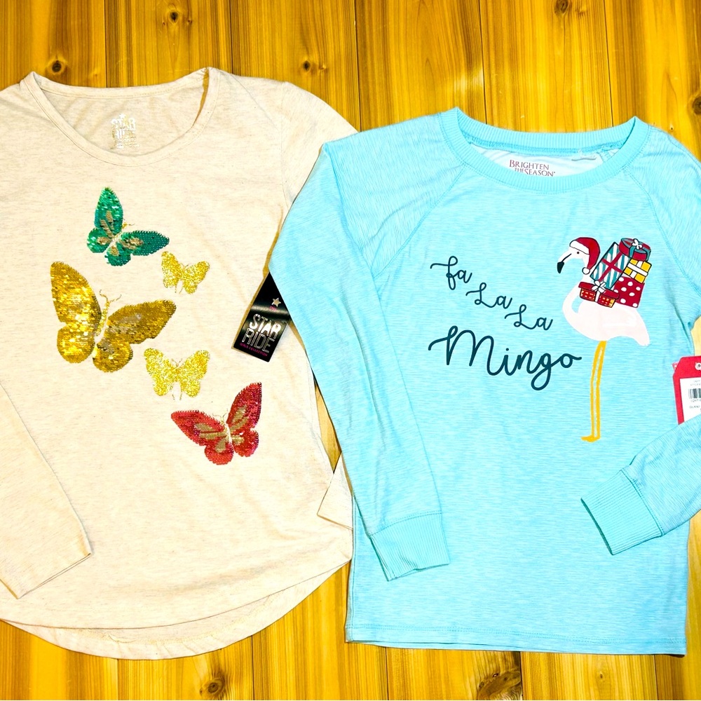 NEW Set of 2 Long Sleeve Shirts size 10/12 Medium Butterflies & Holiday Flamingo